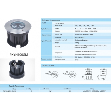 Oprawa LED  PXYH100GM 3 Watt dowolny kolor + RGB IP68 stal nierdz.